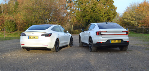 Tesla Model 3 and Polestar 2 rear