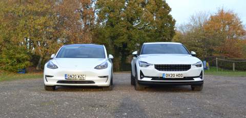 1 Tesla Model 3 and Polestar 2 front styling