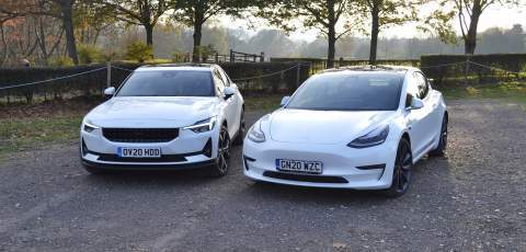 Tesla Model 3 and Polestar 2 front