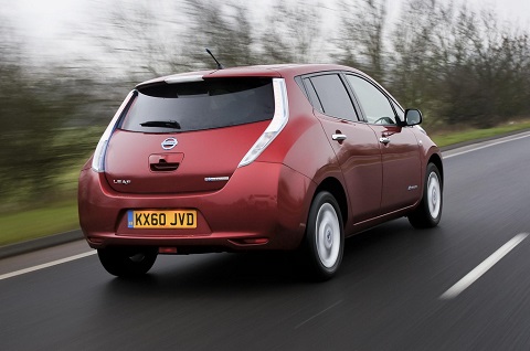 Exterior rear driver-side view of a Nissan LEAF