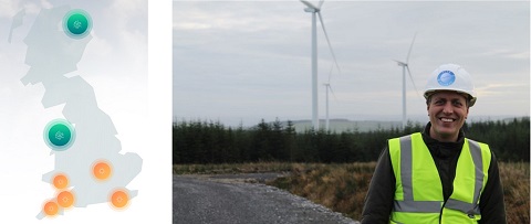 Energy map logo and a man standing in front of a wind farm