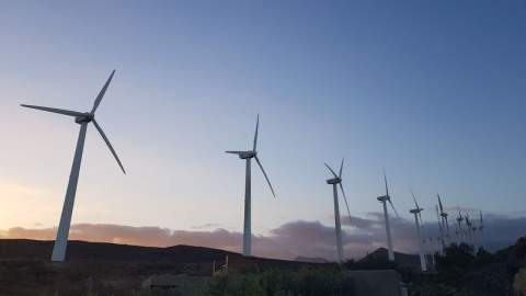 Wind turbines in front of a sunset