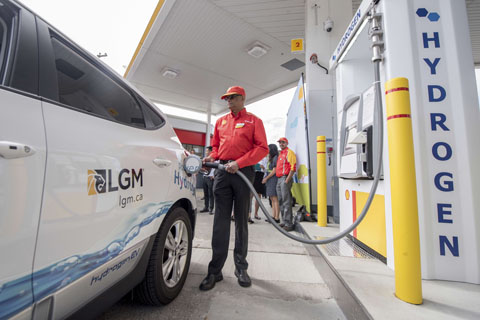 A hydrogen vehicle being refuelled