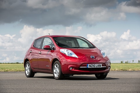 Exterior front driver view on electric Nissan