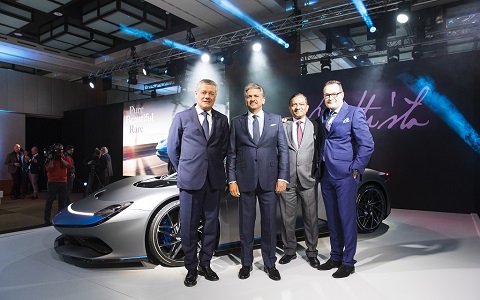 Paolo Pininfarina (Chairman of Pininfarina SpA), Anand Mahindra (Chairman, Mahindra & Mahindra), Pawan Goenka (Chairman, Mahindra Racing) and Michael Perschke (CEO, Automobili Pininfarina) at a gala VIP event on the eve of the Geneva International Motor Show