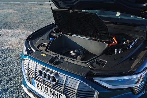Exterior view on under the hood of an Audi e-tron