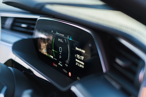 Interior close view on dash board of an Audi e-tron