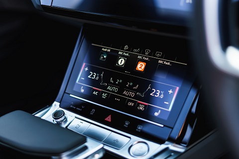 Interior close view on central console of an Audi e-tron
