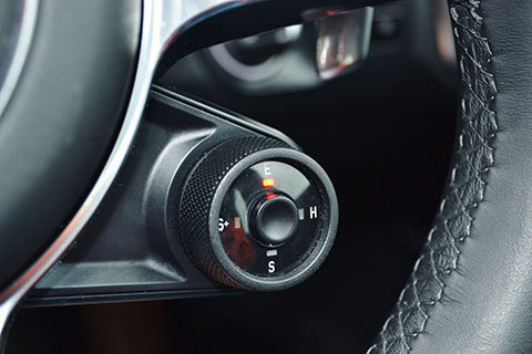 Porsche Cayenne E-Hybrid under steering wheel controls close view